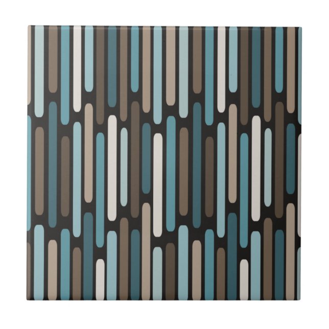 Mid Century Modern Thin Stripes Turquoise Brown Ceramic Tile (Front)