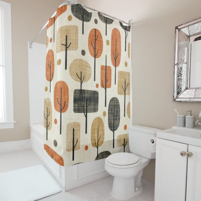 Mid Century Modern Tree Pattern Shower Curtain (In Situ)