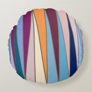 Mid-Century Modern Triangles, Blue, Purple & Gold Round Cushion