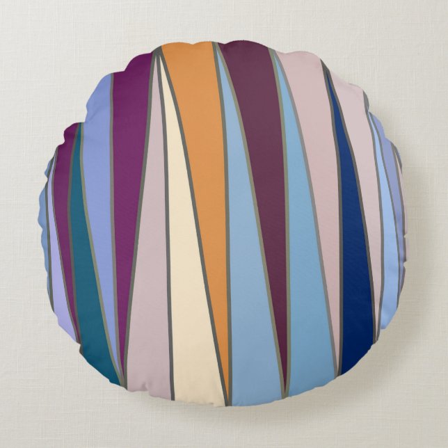 Mid-Century Modern Triangles, Blue, Purple & Gold Round Cushion (Front)