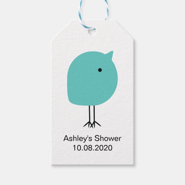 Mid Century Modern Turquoise Chick Baby Shower Tag (Front)