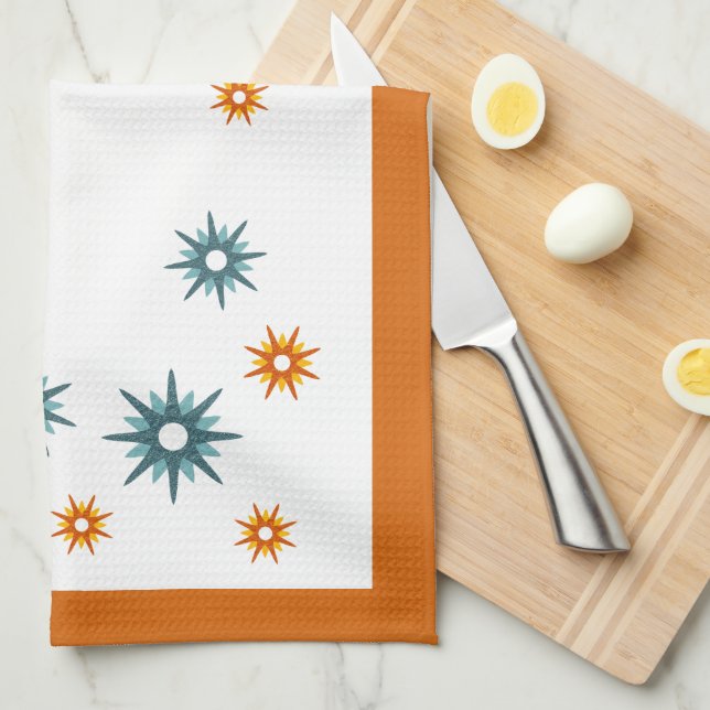 Mid-Century Modern Turquoise & Orange Starbursts Tea Towel (Quarter Fold)