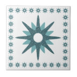 Mid-Century Modern Turquoise Starburst Design Ceramic Tile<br><div class="desc">Mid-century modern inspired design a vintage retro turquoise starburst on a white background, framed by a border of smaller starbursts. Simple, clean modern seamless design. Create your own custom pattern by using the fields provided, or use the "message" button to contact the designer for help. To create your own design:...</div>