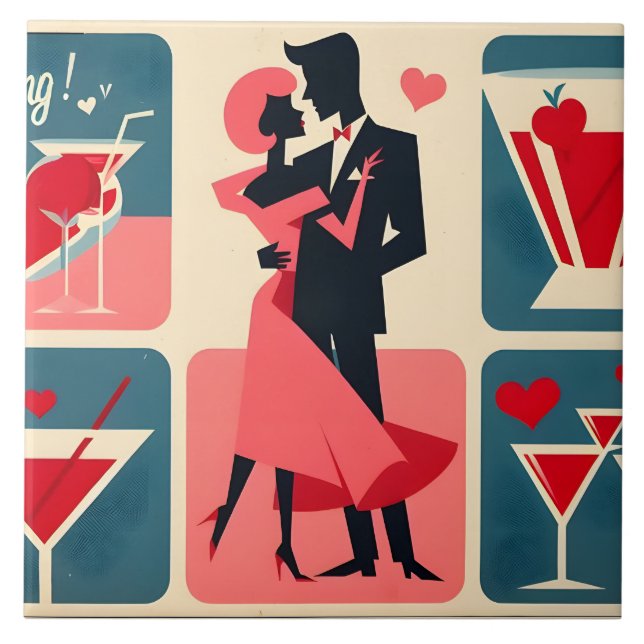 Mid Century Modern Valentine Dancing Couple Ceramic Tile (Front)