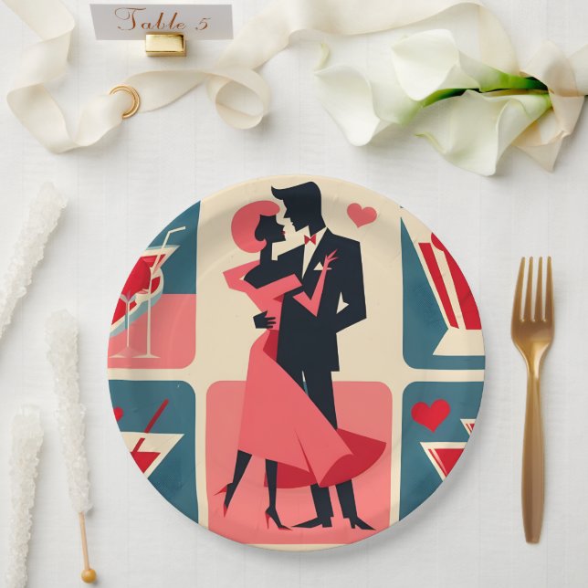 Mid Century Modern Valentine Dancing Couple Paper Plate (Wedding)