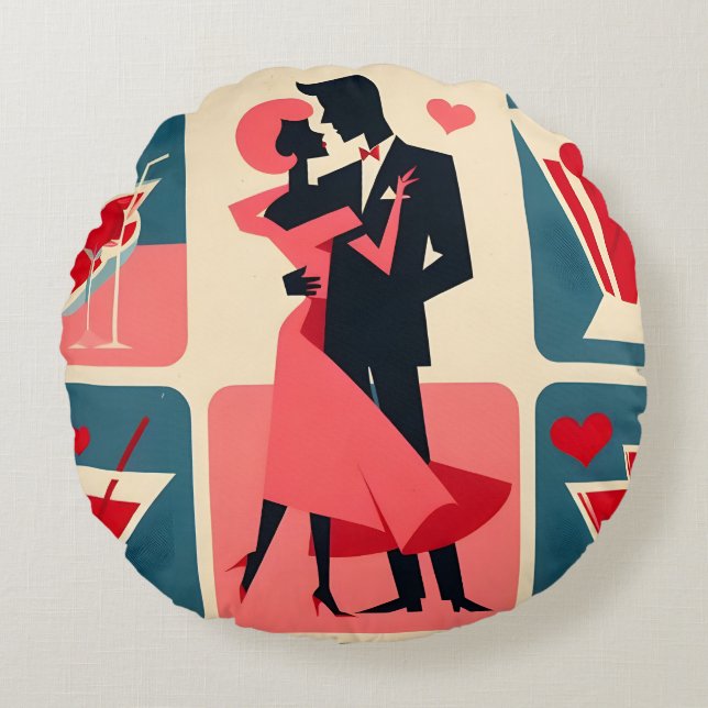 Mid Century Modern Valentine Dancing Couple Round Cushion (Front)