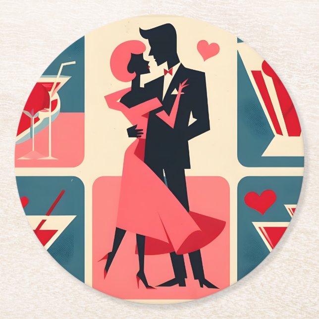 Mid Century Modern Valentine Dancing Couple Round Paper Coaster (Front)