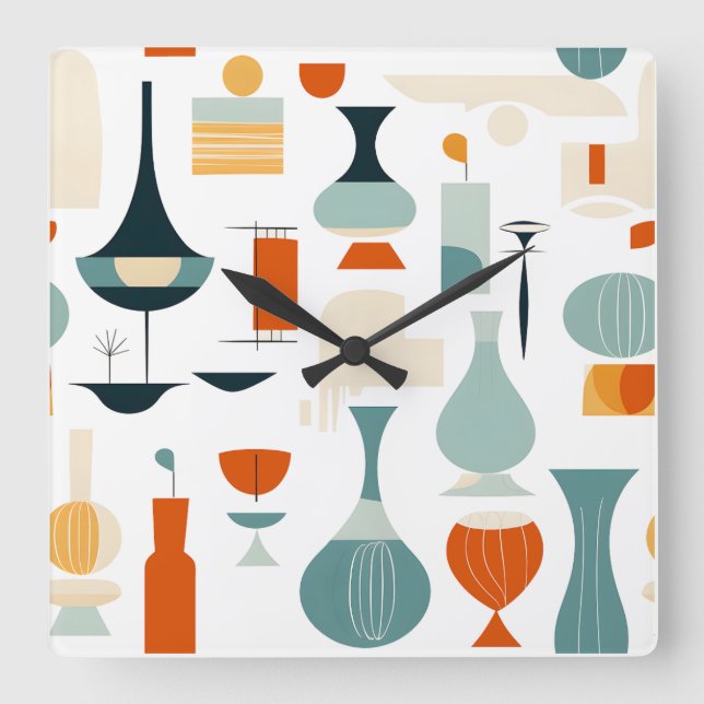 Mid Century Modern Vase Shape on White Square Wall Clock (Front)