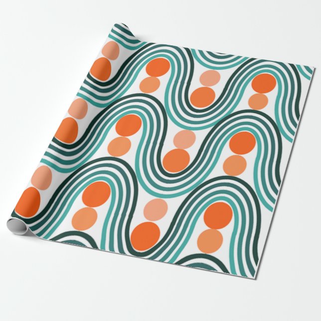 Mid-Century Modern Waves and Circles Wrapping Paper (Unrolled)
