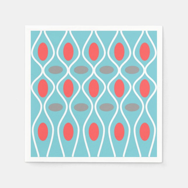 Mid Century Modern, Waves Spheres, Blue, Red, Grey Napkin (Front)