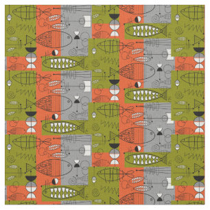 Mid-Century Modern Whimsical Fish Orange Fabric