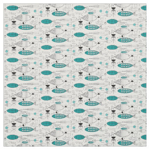 Mid-Century Modern Whimsical Fish Retro Teal Fabric
