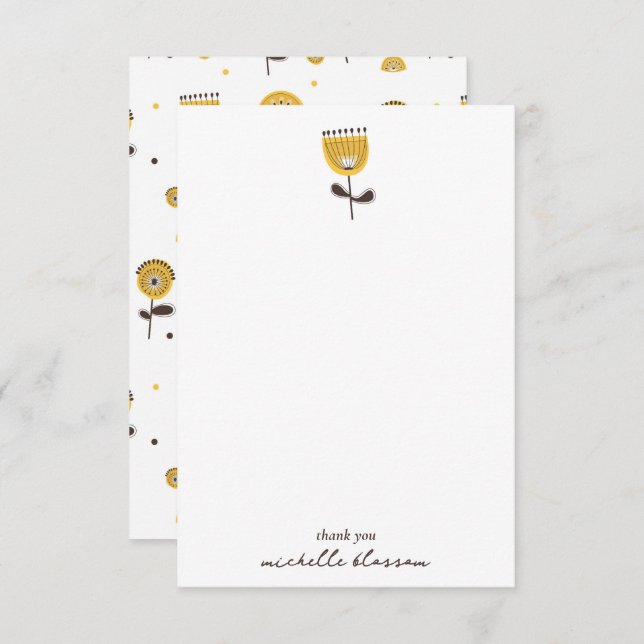Mid Century Modern Yellow Floral Pattern Thank You Card (Front/Back)