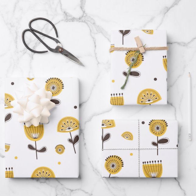 Mid Century Modern Yellow Floral Pattern Wrapping Paper Sheet (Front)