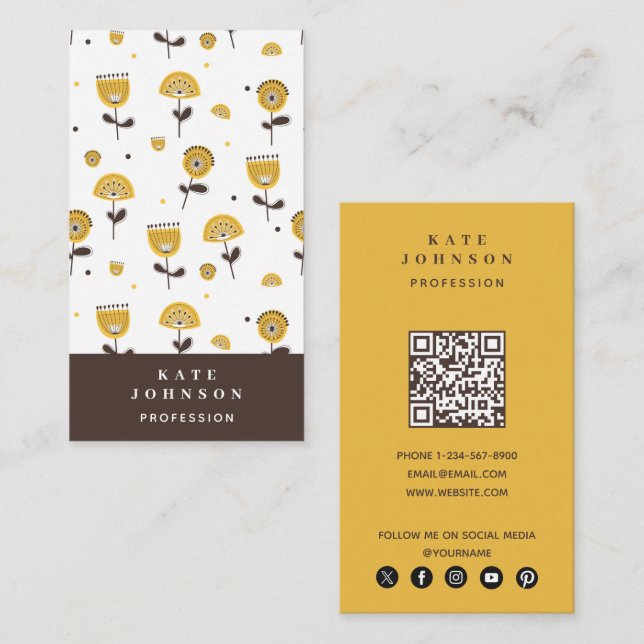 Mid Century Modern Yellow Floral QR Code Business Card (Front/Back)