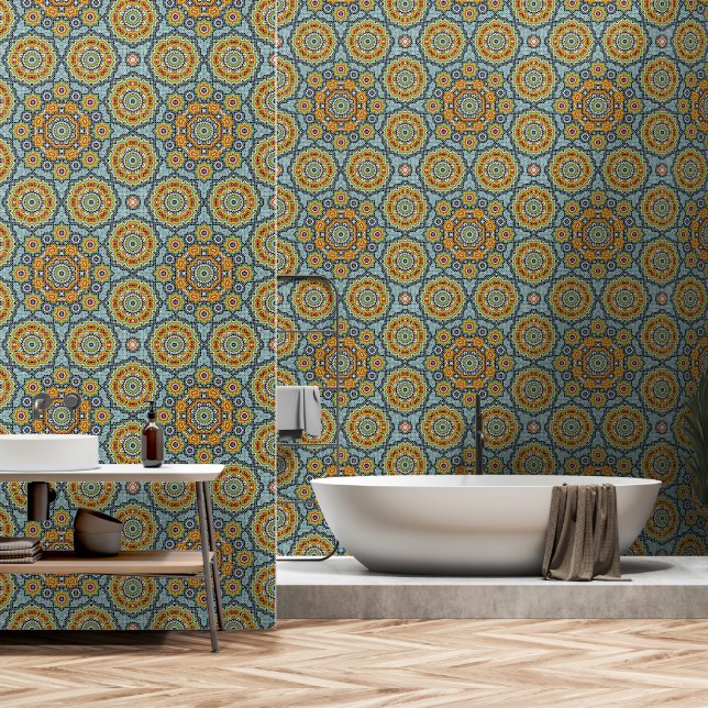 Mid century Moroccan blue yellow peel and stick Wallpaper (Bathroom)