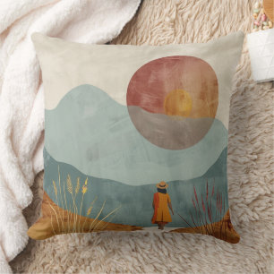 Mid Century Mountain Landscape Terracotta Sage Art Cushion
