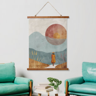 Mid Century Mountain Landscape Terracotta Sage Art Hanging Tapestry