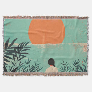 Mid Century Mountain Landscape Terracotta Sage Art Throw Blanket