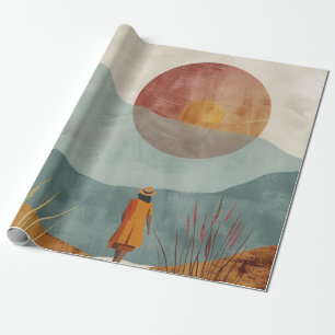 Mid Century Mountain Landscape Terracotta Sage Art Wrapping Paper