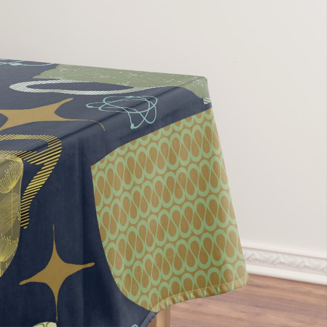 Mid Century Navy Blue Teacup Pattern Tablecloth (In Situ)