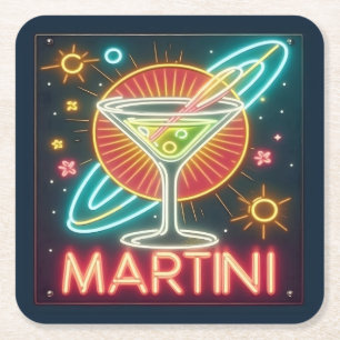 Mid Century Neon Martini Sign  Square Paper Coaster