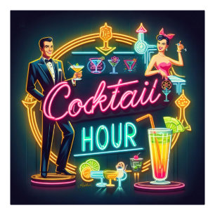 Mid Century Neon Sign Cocktail Hour Couple