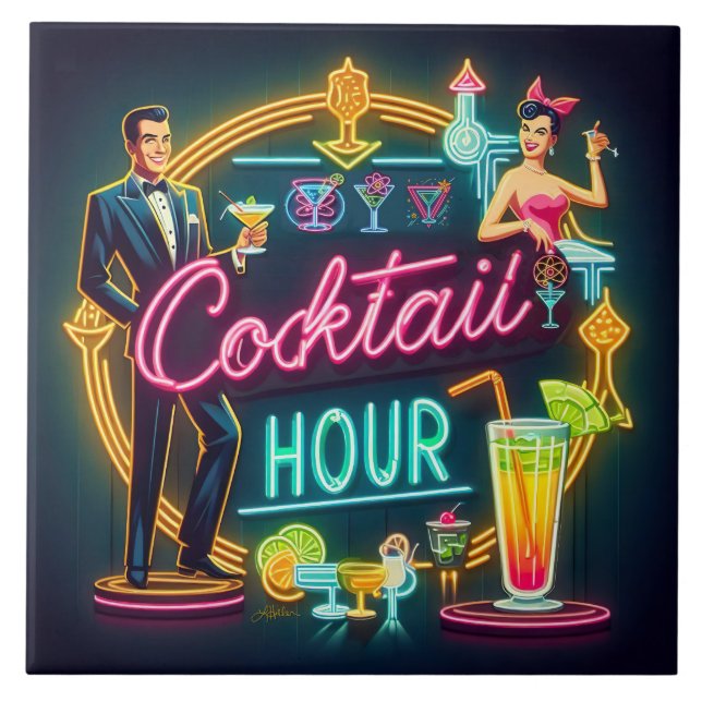 Mid Century Neon Sign Cocktail Hour Couple Ceramic Tile (Front)