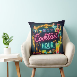 Mid Century Neon Sign Cocktail Hour Couple Cushion