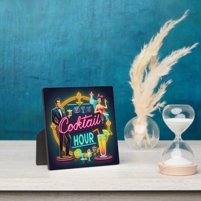 Mid Century Neon Sign Cocktail Hour Couple Plaque (Insitu)