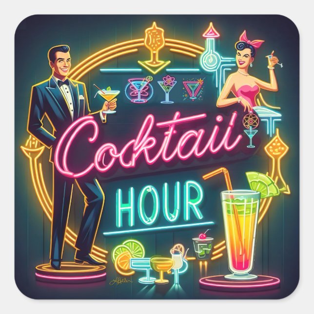Mid Century Neon Sign Cocktail Hour Couple Square Sticker (Front)