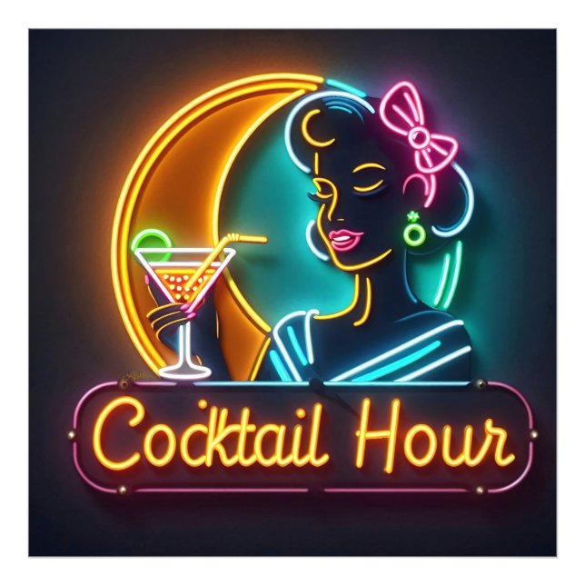 Mid Century Neon Sign Cocktail Hour Woman (Front)