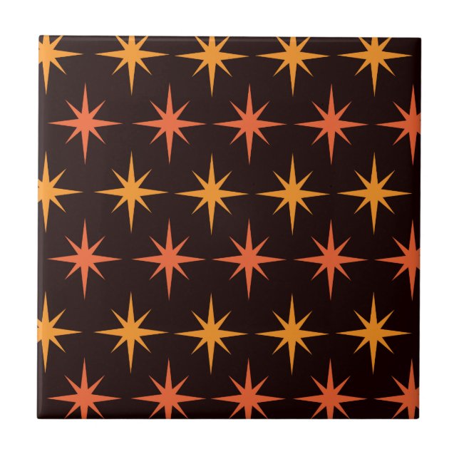 Mid Century Orange and Amber Retro Starbursts  Ceramic Tile (Front)