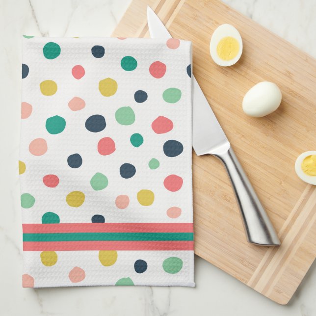 Mid Century Orange, Gold, Teal Dots and Stripes Tea Towel (Quarter Fold)