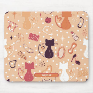 Mid Century Orange Heart Cats Mouse Pad