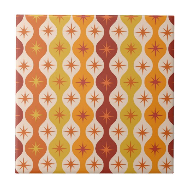 Mid Century Orange Mod Stars on ogee pattern   Ceramic Tile (Front)