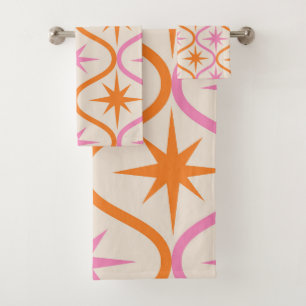 Mid Century Orange Pink Starbursts on Ogee Pattern Bath Towel Set
