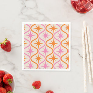Mid Century Orange Pink Starbursts on Ogee Pattern Napkin