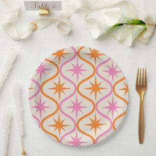 Mid Century Orange Pink Starbursts on Ogee Pattern Paper Plate