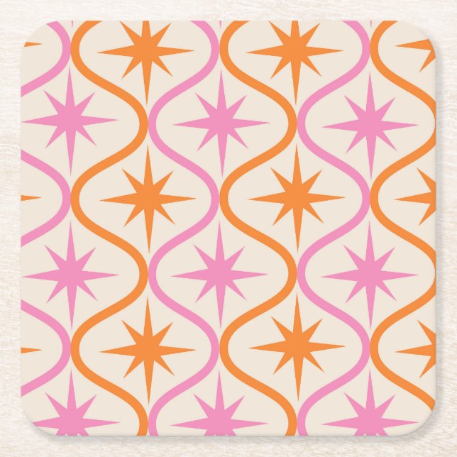 Mid Century Orange Pink Starbursts on Ogee Pattern Square Paper Coaster (Front)