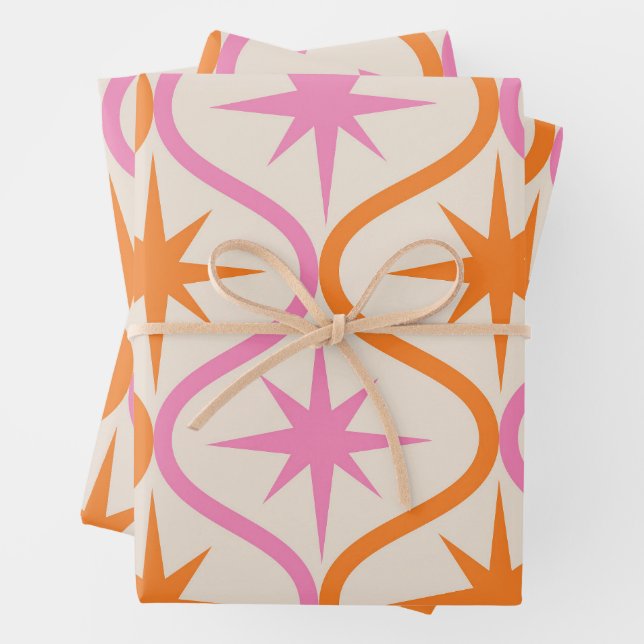 Mid Century Orange Pink Starbursts on Ogee Pattern Wrapping Paper Sheet (In situ)