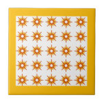 Mid-Century Orange & Yellow Starburst Pattern Ceramic Tile<br><div class="desc">Mid-century modern inspired design featuring vintage pattern of retro orange starbursts on a white background, framed in bright yellow. Simple, clean modern design. One design of a coordinating collection. Create your own custom pattern by uploading a new image, or use the "message" button to contact the designer for help. To...</div>
