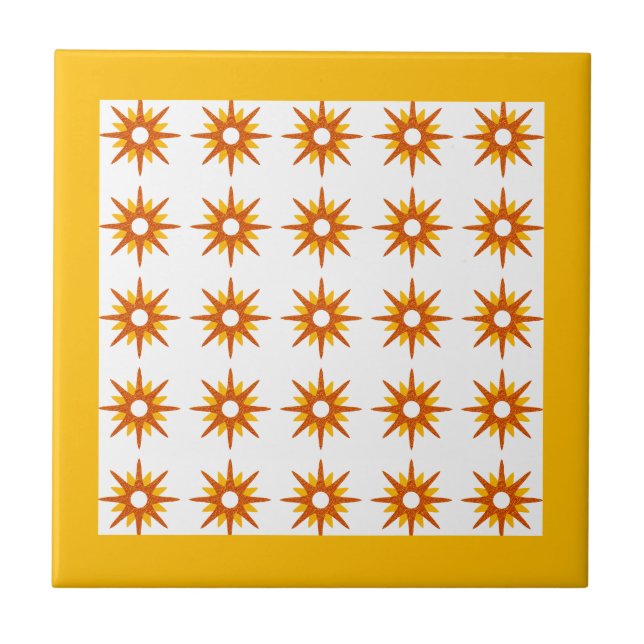 Mid-Century Orange & Yellow Starburst Pattern Ceramic Tile (Front)