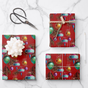 Mid-Century Ornaments On Red Wrapping Paper Sheet