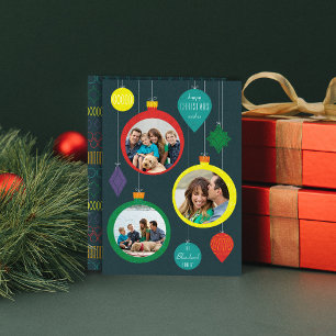 Mid Century Ornaments Three Photo Holiday Card