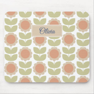  Mid-Century Pastel Pink Retro Floral Pattern Mouse Pad