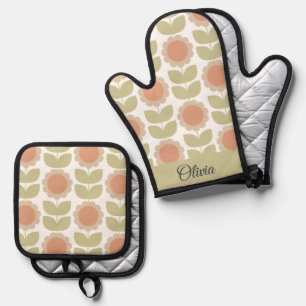  Mid-Century Pastel Pink Retro Floral Pattern Oven Mitt & Pot Holder Set