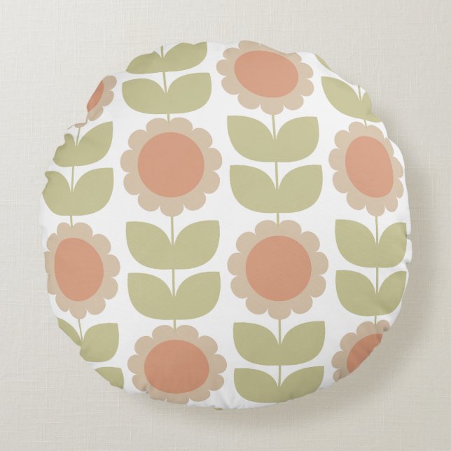  Mid-Century Pastel Pink Retro Floral Pattern Round Cushion (Front)