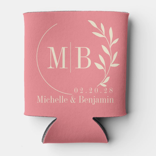 Mid-Century Peach Leaf Wedding Monogram Can Cooler (Front)