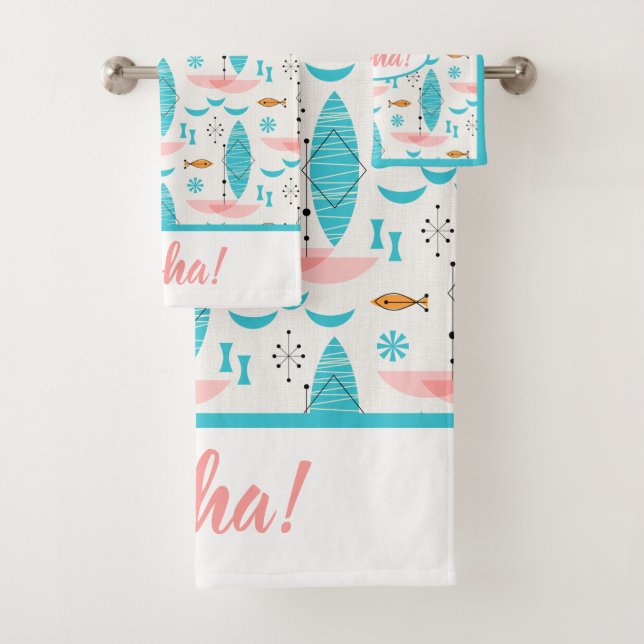 Mid Century Pink Catamaran Bath Towel Set (Insitu)